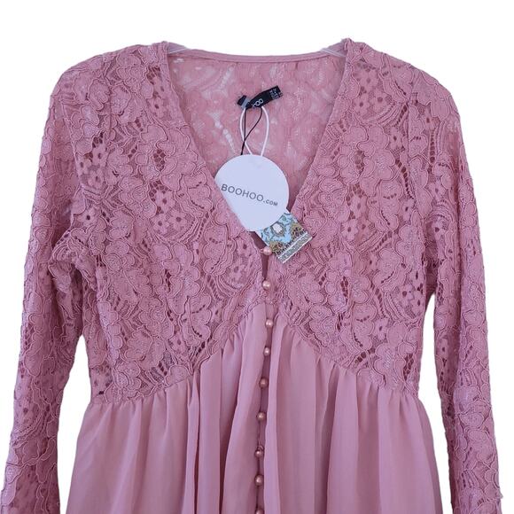 New BooHoo Lace Dress Size 8 Blush Pink Long Sleeve Boho Balletcore Romantic - Picture 4 of 7